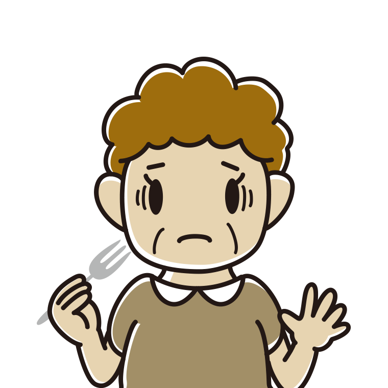 フォークで困るおばさんのイラスト【色あり、背景なし】透過PNG