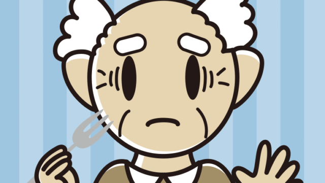 フォークで困るおじいさんのイラスト【色、背景あり】PNG