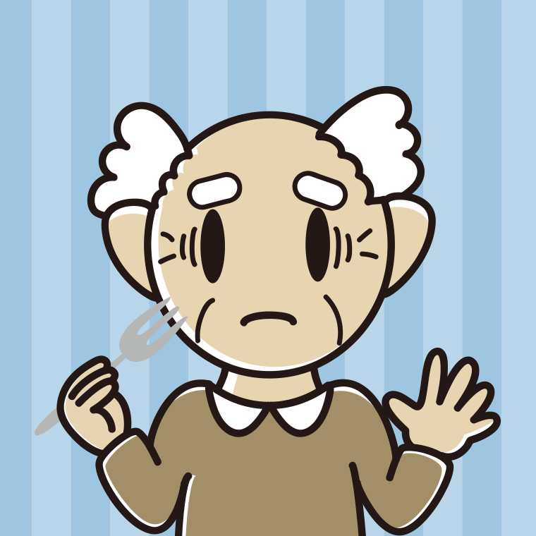フォークで困るおじいさんのイラスト【色、背景あり】PNG