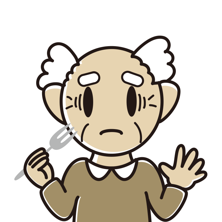 フォークで困るおじいさんのイラスト【色あり、背景なし】透過PNG