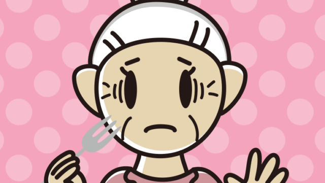 フォークで困るおばあさんのイラスト【色、背景あり】PNG