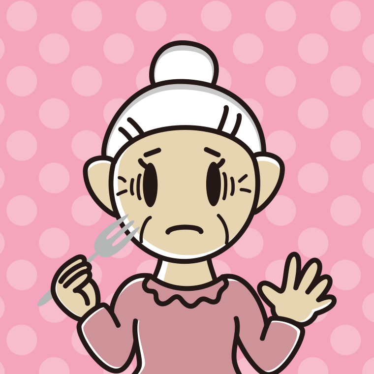 フォークで困るおばあさんのイラスト【色、背景あり】PNG