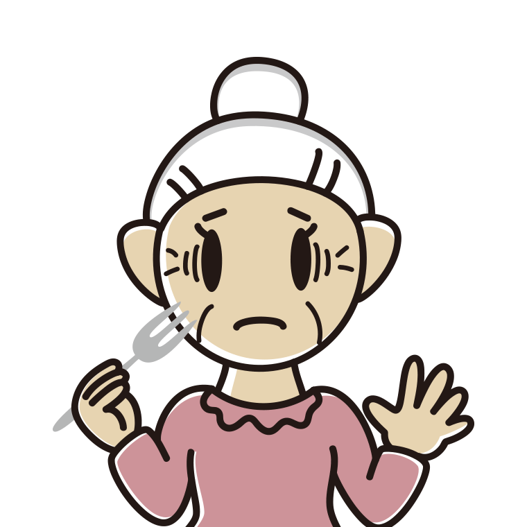 フォークで困るおばあさんのイラスト【色あり、背景なし】透過PNG
