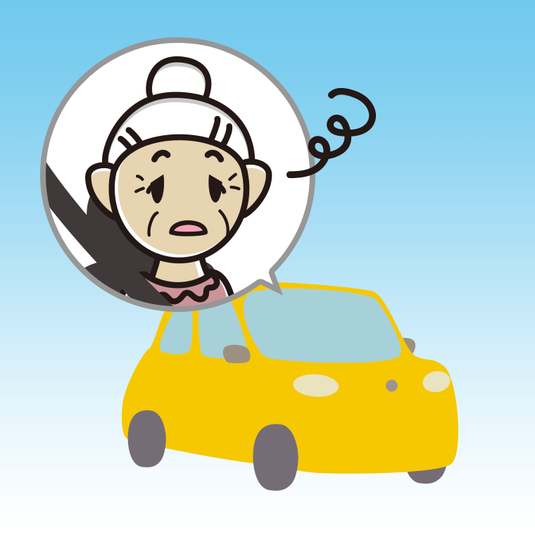車でぼーっとするおばあさんのイラスト【色、背景あり】PNG