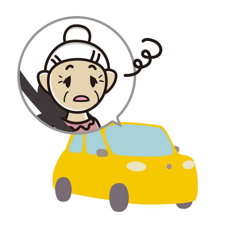 車でぼーっとするおばあさんのイラスト【色あり、背景なし】透過PNG