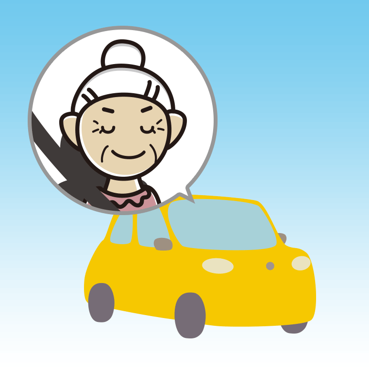 車で目を閉じるおばあさんのイラスト【色、背景あり】PNG