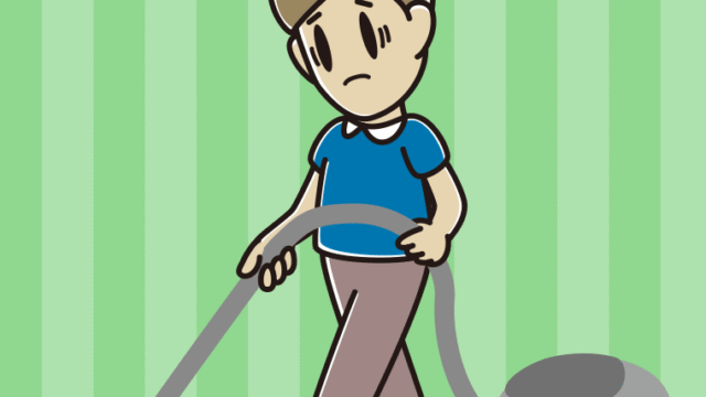 掃除機で困る男性のイラスト【色、背景あり】PNG