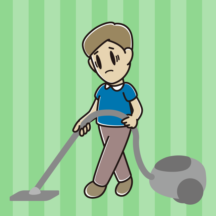 掃除機で困る男性のイラスト【色、背景あり】PNG