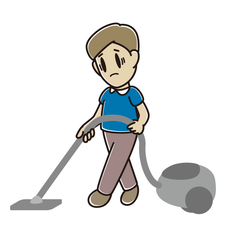 掃除機で困る男性のイラスト【色あり、背景なし】透過PNG