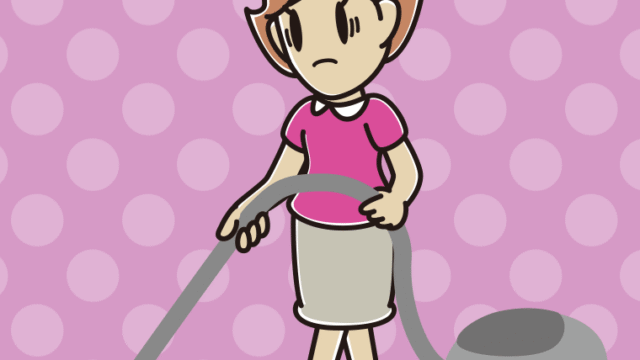 掃除機で困る女性のイラスト【色、背景あり】PNG