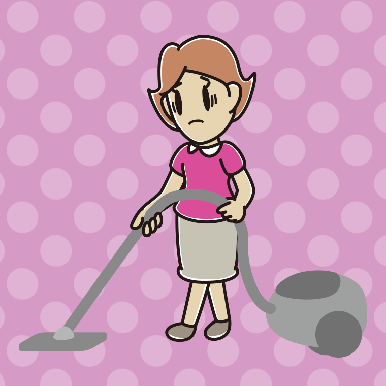掃除機で困る女性のイラスト【色、背景あり】PNG
