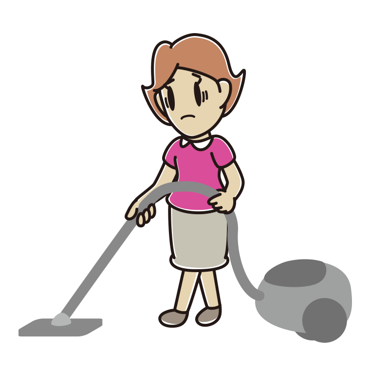 掃除機で困る女性のイラスト【色あり、背景なし】透過PNG