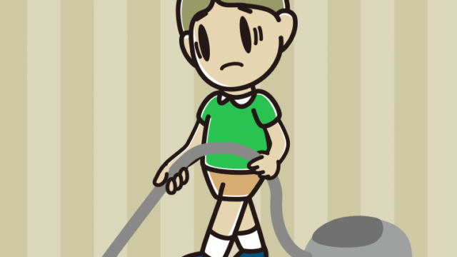 掃除機で困る小学生男子のイラスト【色、背景あり】PNG