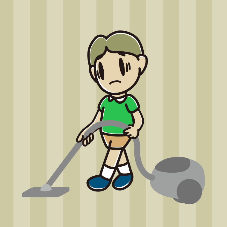 掃除機で困る小学生男子のイラスト【色、背景あり】PNG