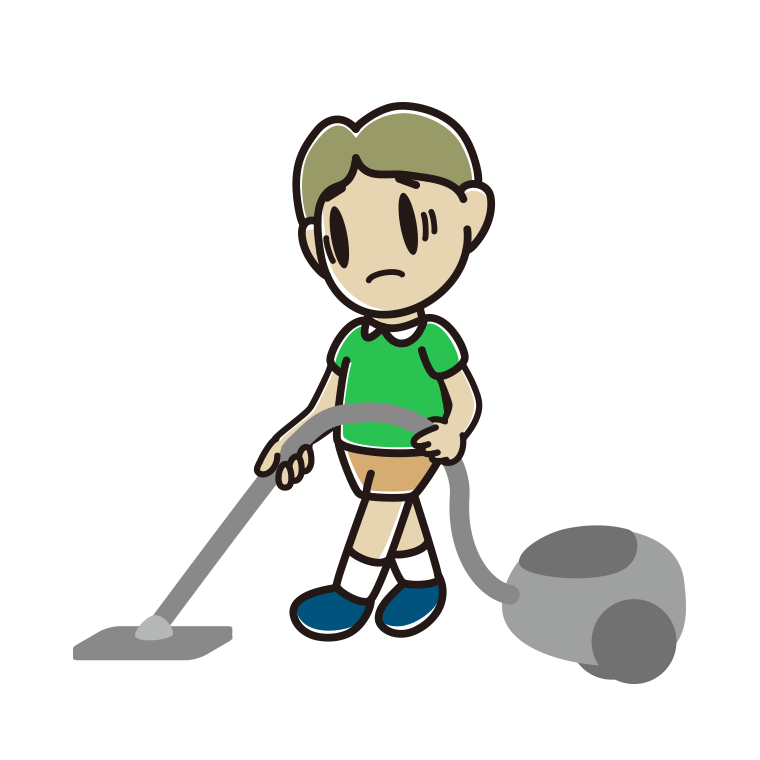 掃除機で困る小学生男子のイラスト【色あり、背景なし】透過PNG