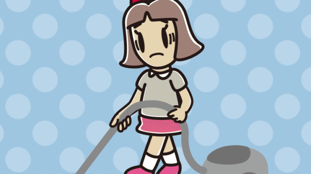 掃除機で困る小学生女子のイラスト【色、背景あり】PNG