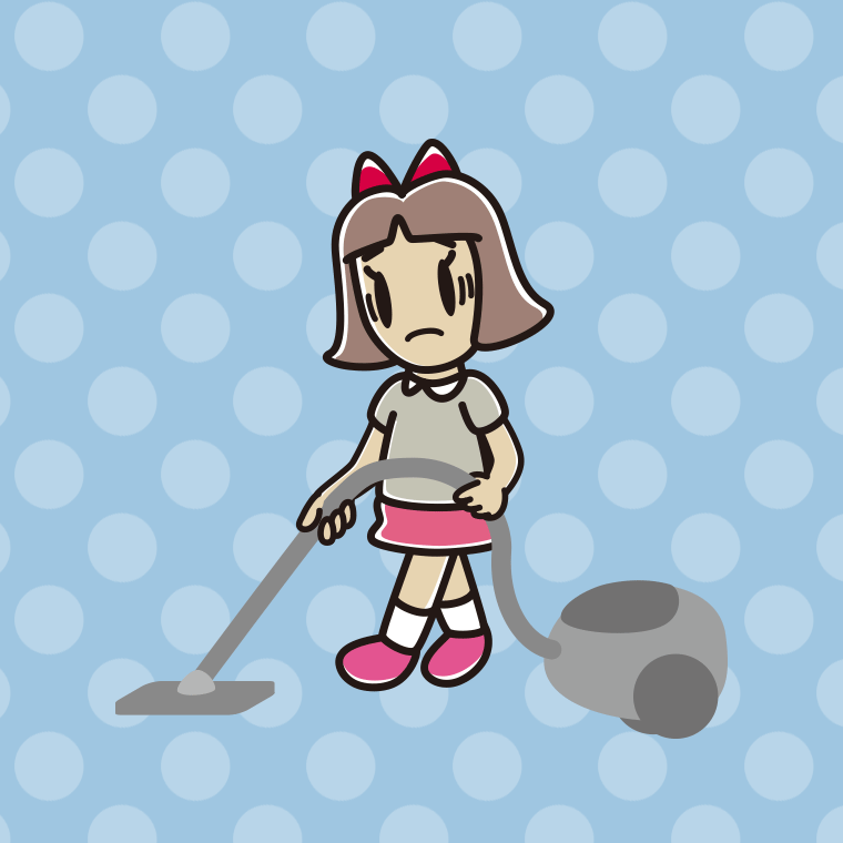 掃除機で困る小学生女子のイラスト【色、背景あり】PNG
