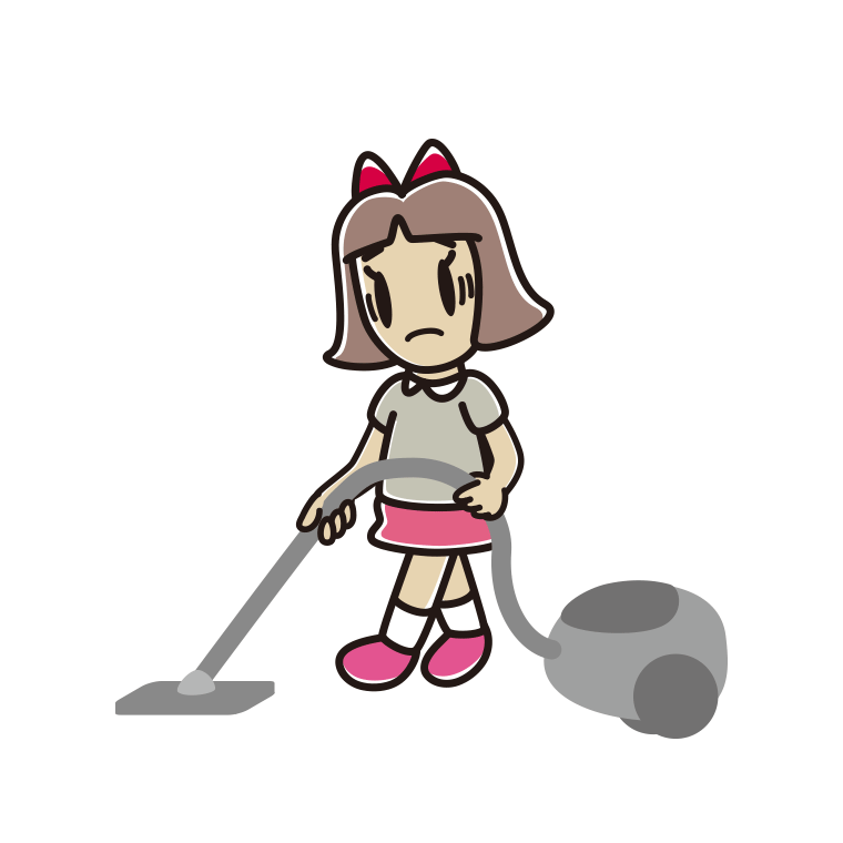 掃除機で困る小学生女子のイラスト【色あり、背景なし】透過PNG
