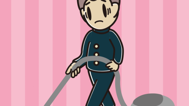 掃除機で困る男子中学生のイラスト【色、背景あり】PNG