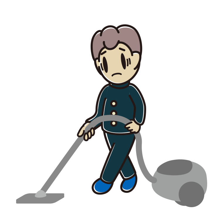 掃除機で困る男子中学生のイラスト【色あり、背景なし】透過PNG