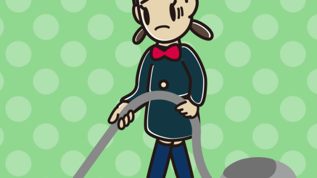 掃除機で困る女子中学生のイラスト【色、背景あり】PNG