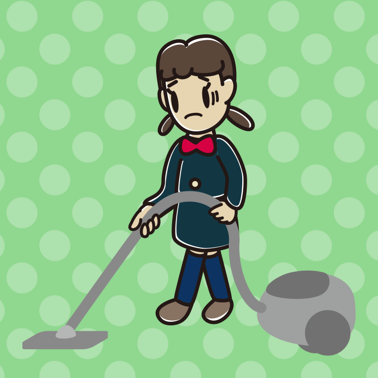 掃除機で困る女子中学生のイラスト【色、背景あり】PNG