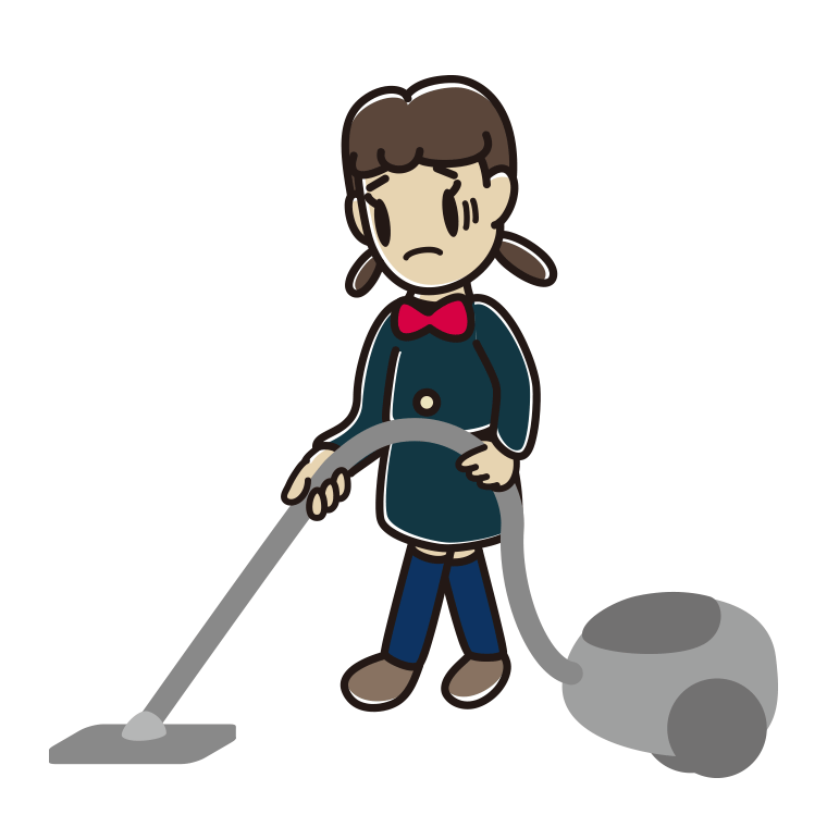 掃除機で困る女子中学生のイラスト【色あり、背景なし】透過PNG