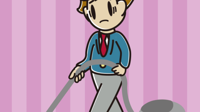 掃除機で困る男子高校生のイラスト【色、背景あり】PNG