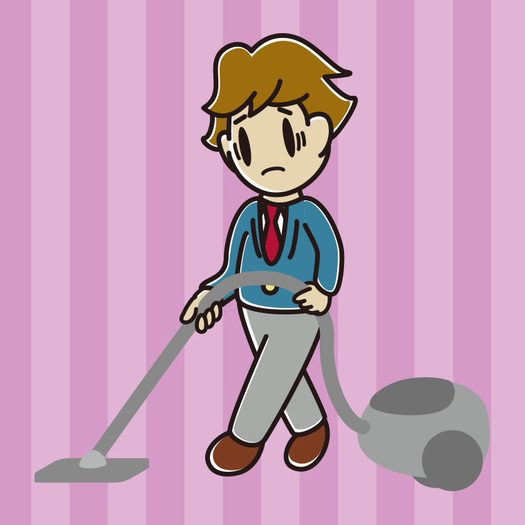 掃除機で困る男子高校生のイラスト【色、背景あり】PNG