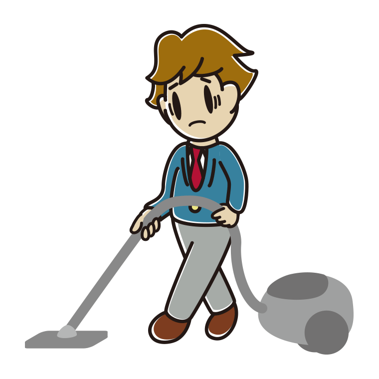 掃除機で困る男子高校生のイラスト【色あり、背景なし】透過PNG
