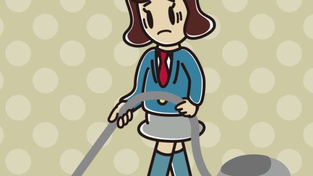 掃除機で困る女子高校生のイラスト【色、背景あり】PNG