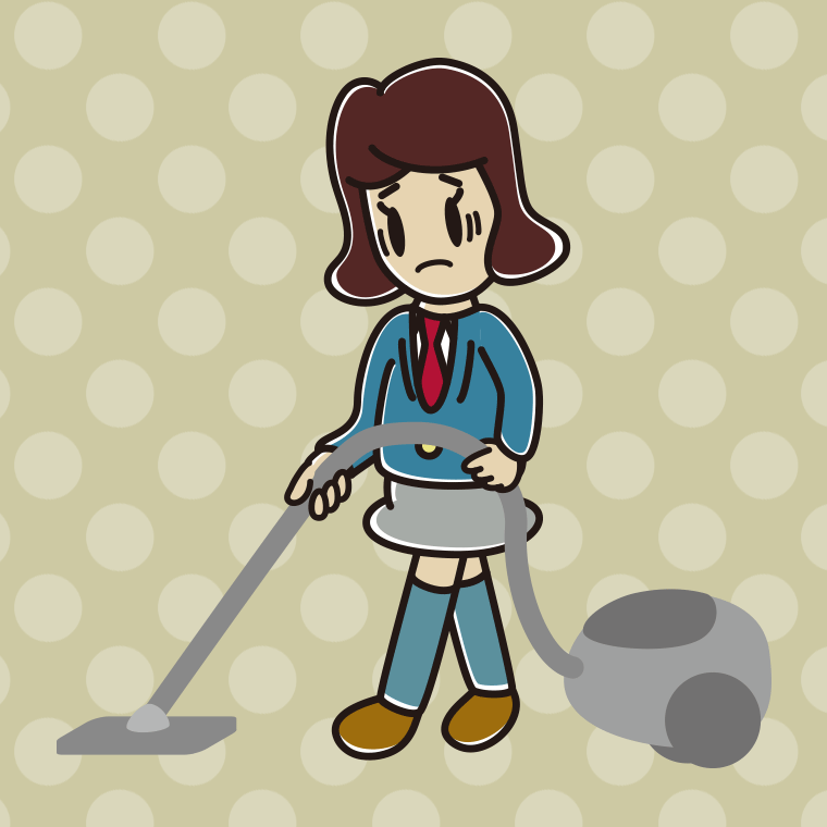 掃除機で困る女子高校生のイラスト【色、背景あり】PNG