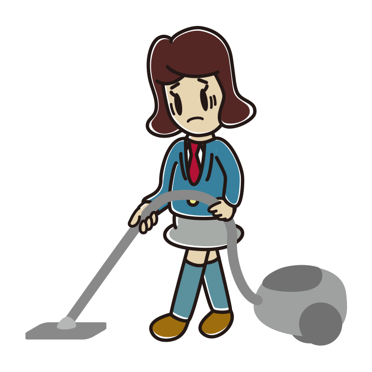 掃除機で困る女子高校生のイラスト【色あり、背景なし】透過PNG