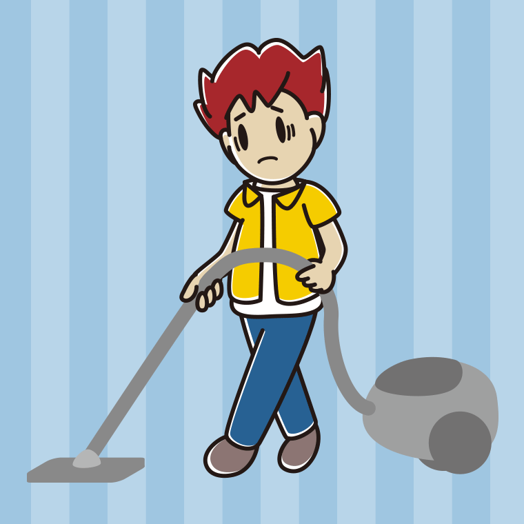 掃除機で困る男子大学生のイラスト【色、背景あり】PNG