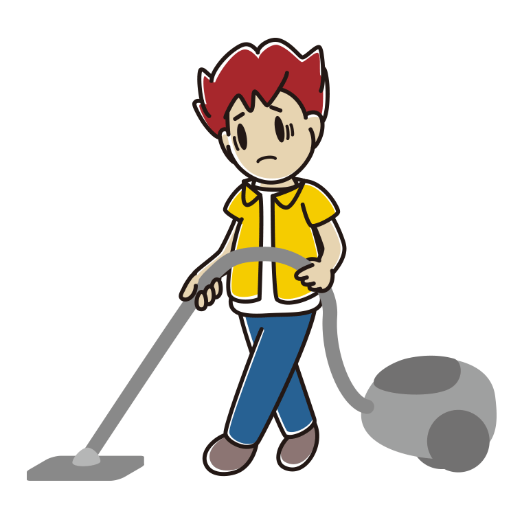 掃除機で困る男子大学生のイラスト【色あり、背景なし】透過PNG