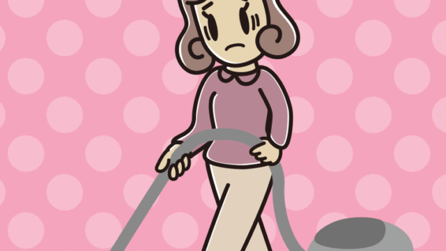 掃除機で困る女子大学生のイラスト【色、背景あり】PNG