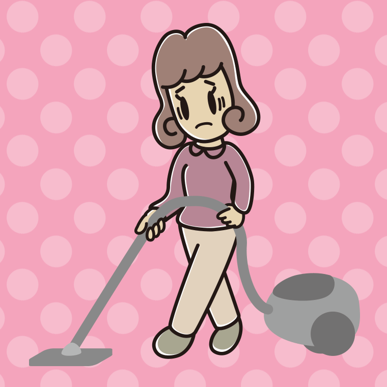 掃除機で困る女子大学生のイラスト【色、背景あり】PNG