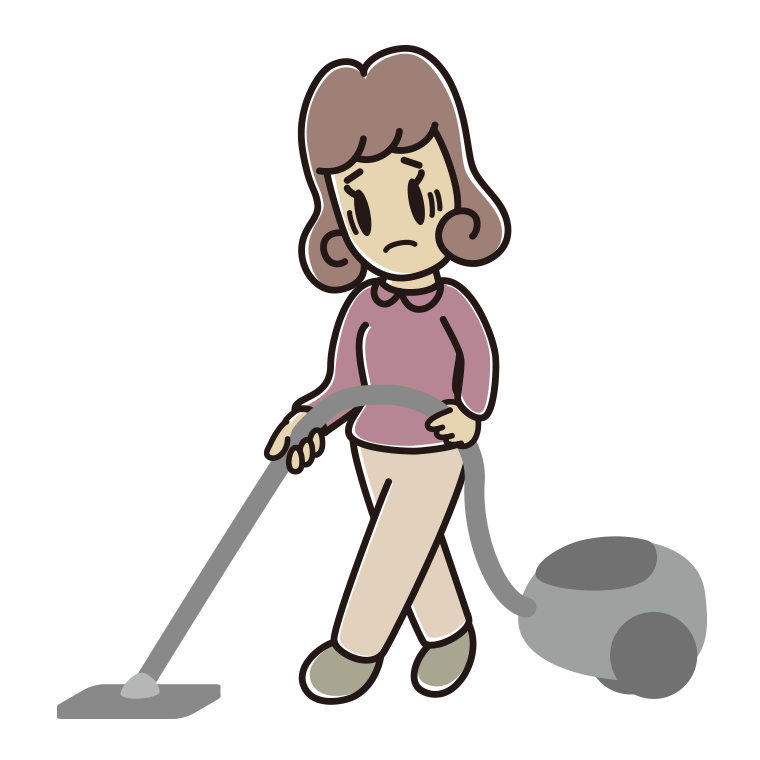 掃除機で困る女子大学生のイラスト【色あり、背景なし】透過PNG