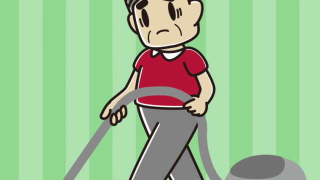 掃除機で困るおじさんのイラスト【色、背景あり】PNG