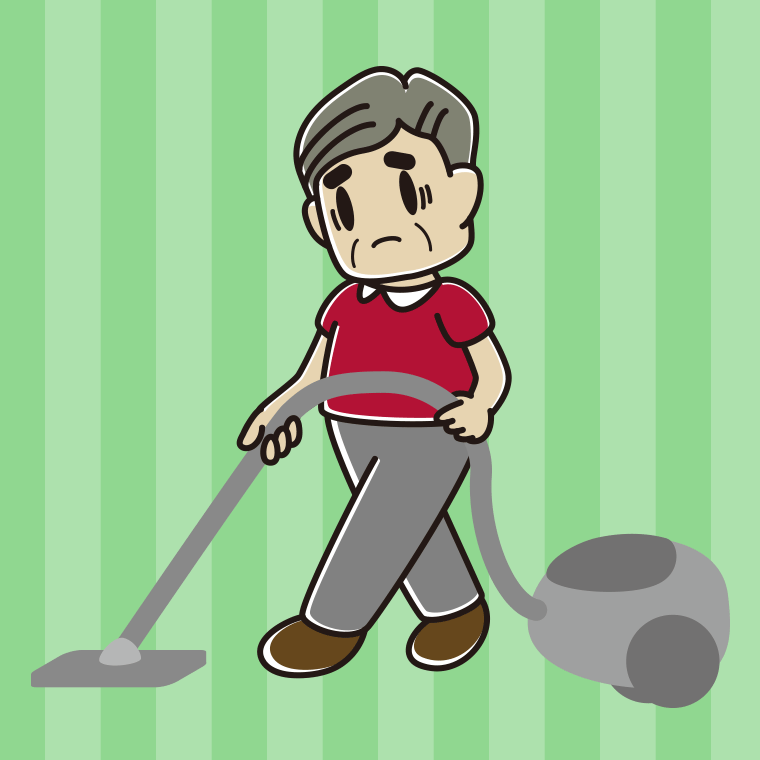 掃除機で困るおじさんのイラスト【色、背景あり】PNG