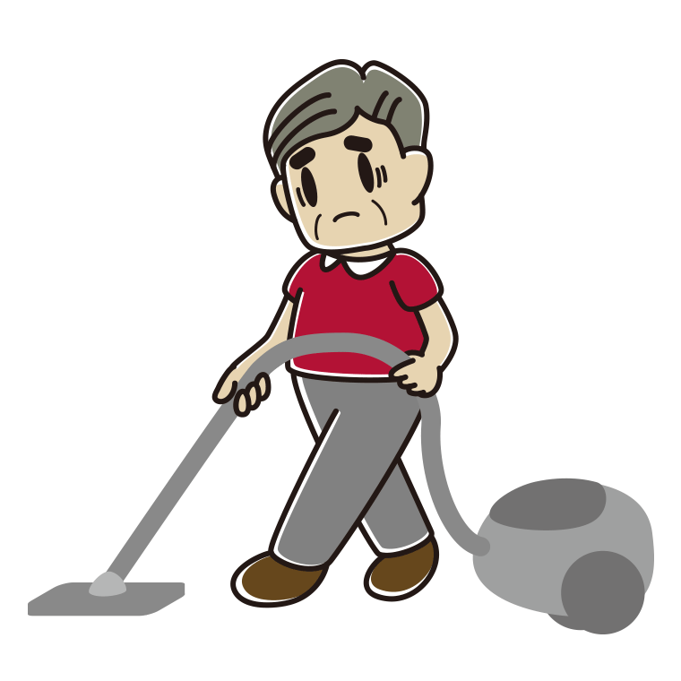掃除機で困るおじさんのイラスト【色あり、背景なし】透過PNG