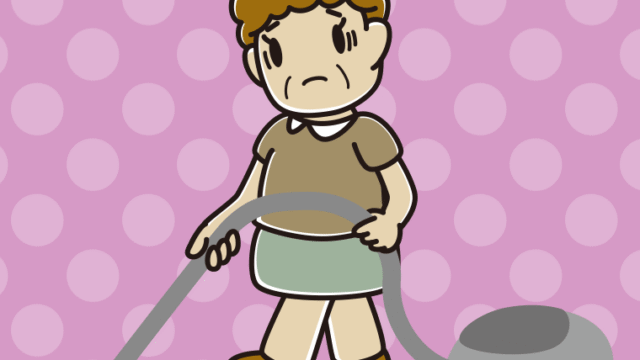 掃除機で困るおばさんのイラスト【色、背景あり】PNG