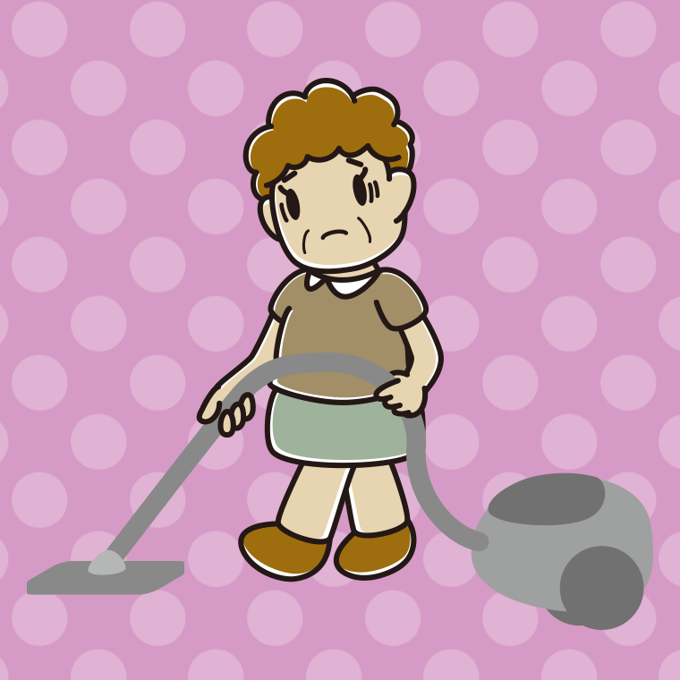 掃除機で困るおばさんのイラスト【色、背景あり】PNG