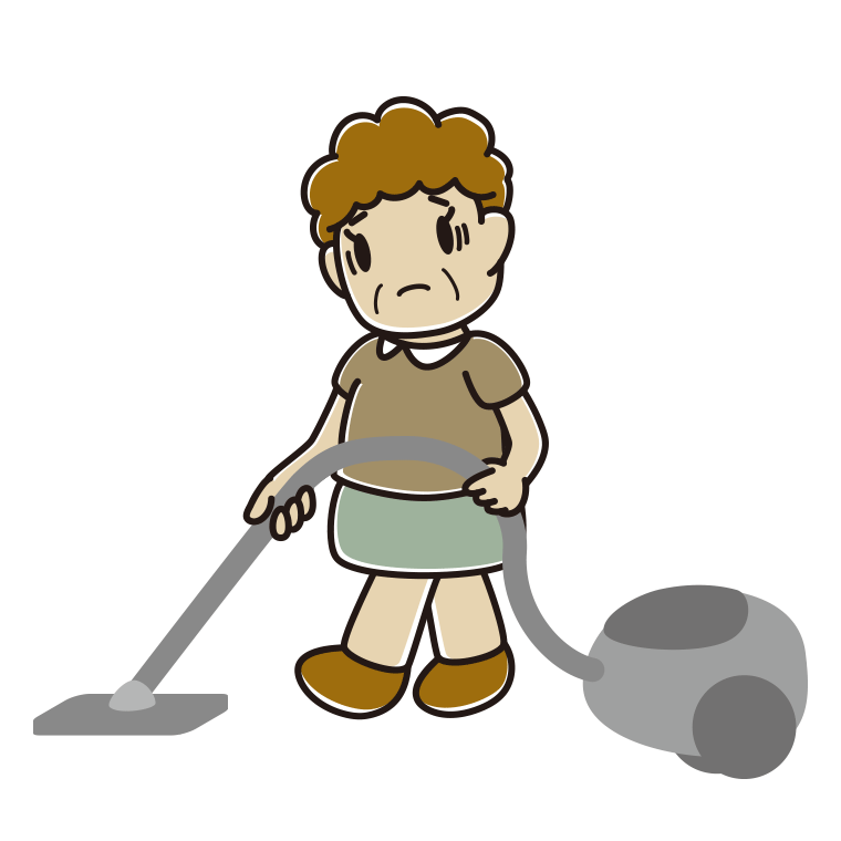 掃除機で困るおばさんのイラスト【色あり、背景なし】透過PNG