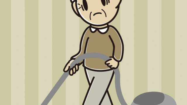 掃除機で困るおじいさんのイラスト【色、背景あり】PNG