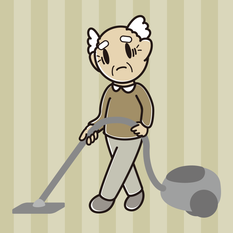 掃除機で困るおじいさんのイラスト【色、背景あり】PNG