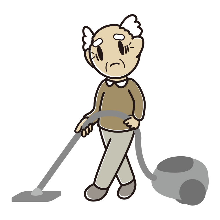 掃除機で困るおじいさんのイラスト【色あり、背景なし】透過PNG