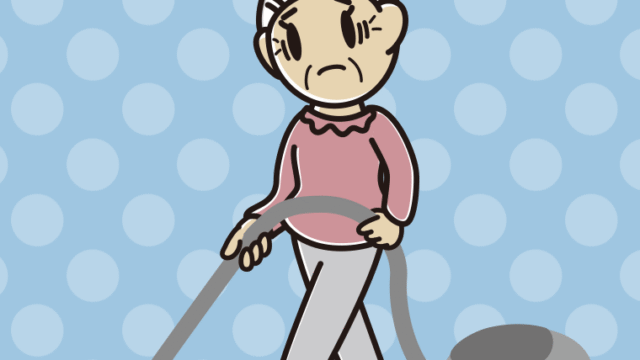 掃除機で困るおばあさんのイラスト【色、背景あり】PNG