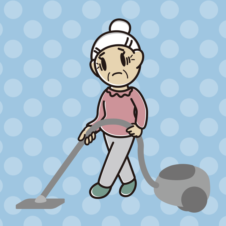 掃除機で困るおばあさんのイラスト【色、背景あり】PNG