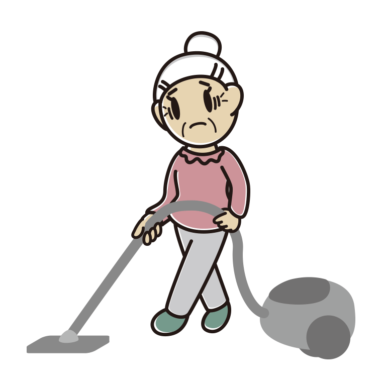 掃除機で困るおばあさんのイラスト【色あり、背景なし】透過PNG